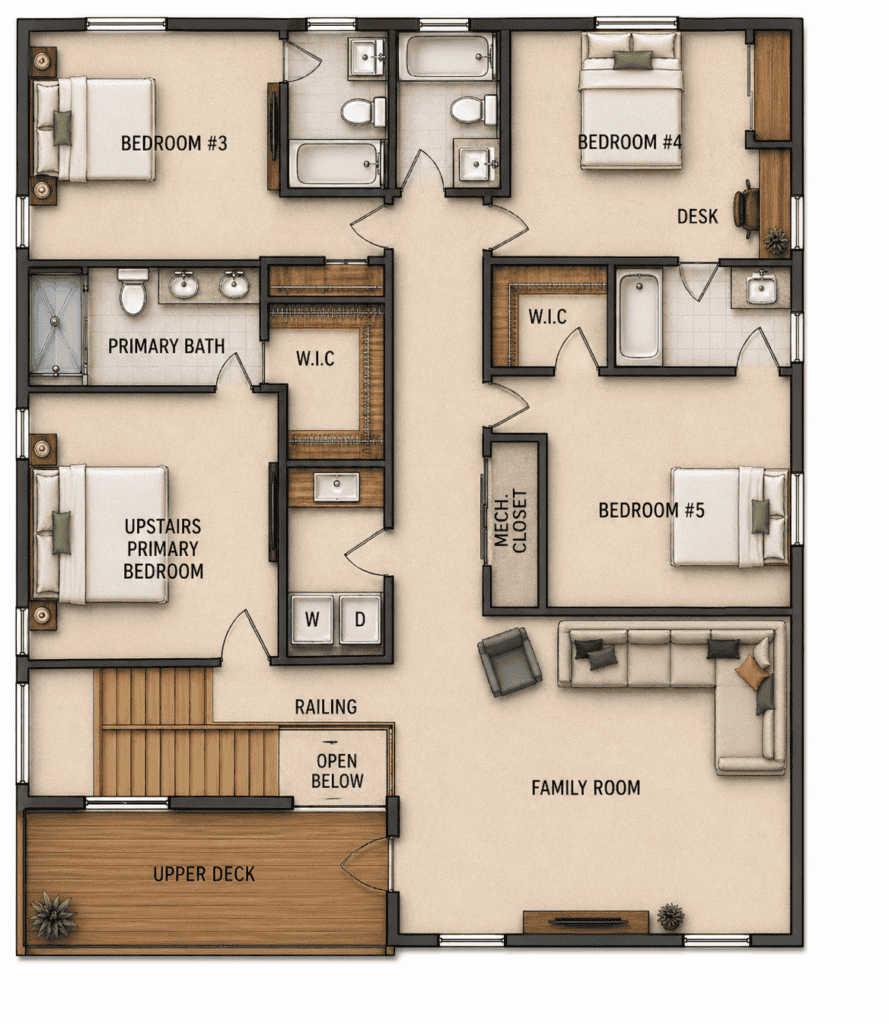 Modern ZIP Kit Homes floor plan with five bedrooms, family room, and upper deck.