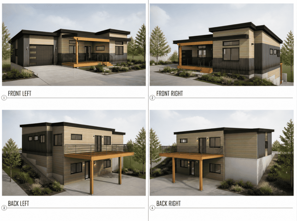 Modern tiny home floor plan with garage, 2 bedrooms, and outdoor decks.