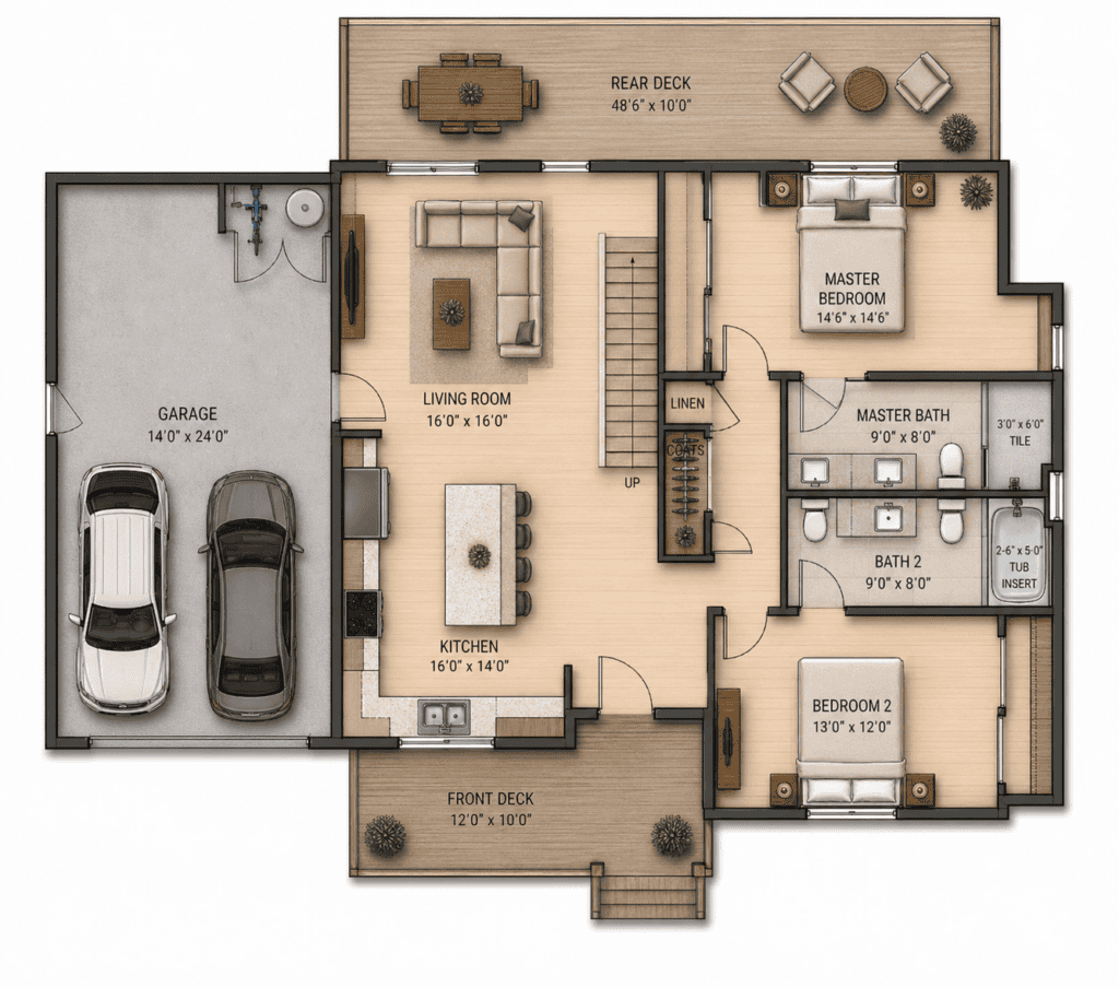 Modern tiny home floor plan with garage, 2 bedrooms, and outdoor decks.