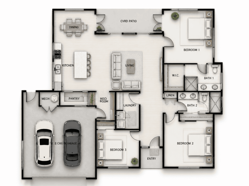 Floor plan of a modern Zip Kit home with 3 bedrooms and 2 bathrooms.