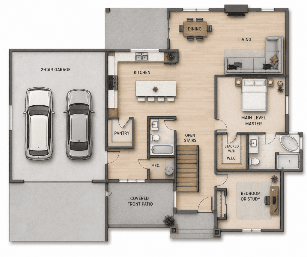 Modern tiny home floor plan with open living, kitchen, and bedroom areas, ideal for compact living.