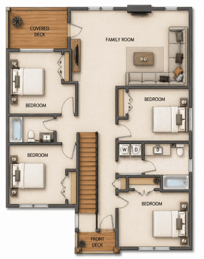 Modern modular home floor plan with multiple bedrooms and outdoor decks.