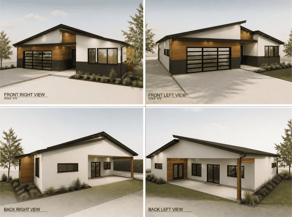 Modern tiny home floor plan with 3 bedrooms, 2 bathrooms, and a 2-car garage, ideal for compact living