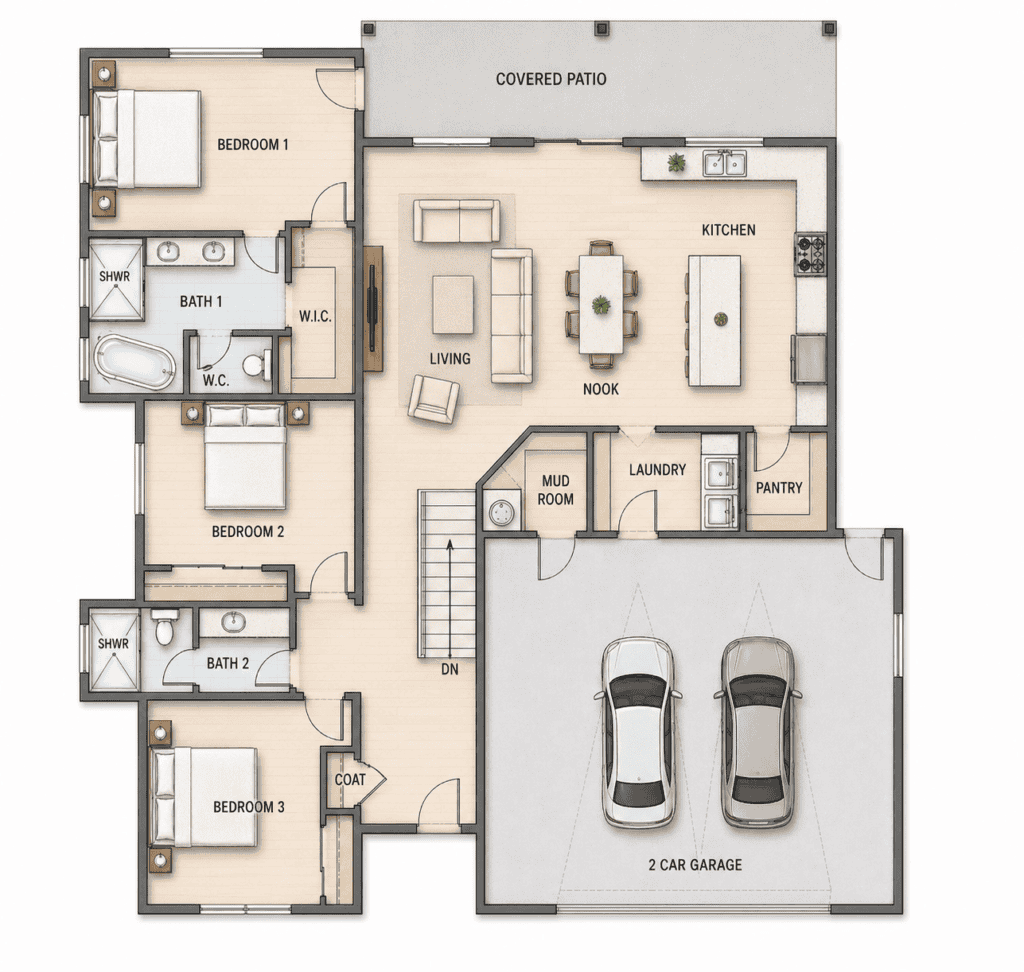 Modern tiny home floor plan with 3 bedrooms, 2 bathrooms, and a 2-car garage.