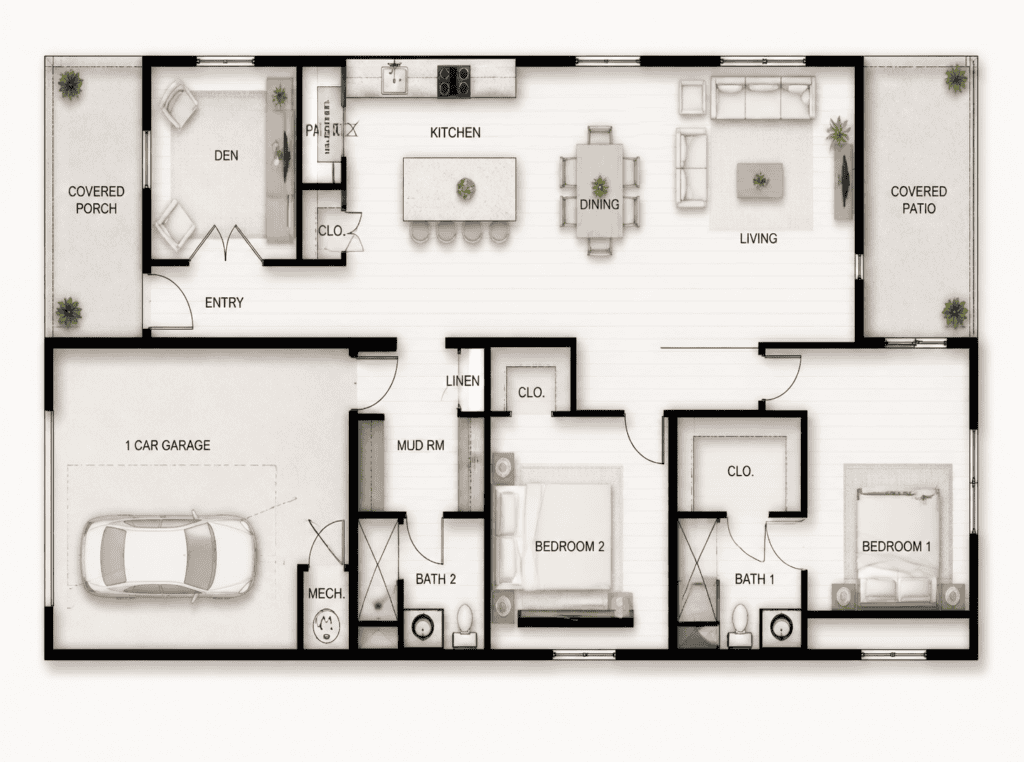 Floor plan of a modern Zip Kit Home with 2 bedrooms and open living spaces.