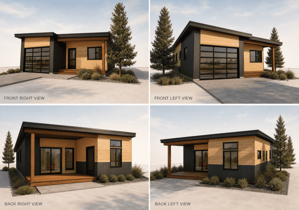 Modern Zip Kit Homes with sleek black and wood exterior, large windows, and contemporary design.