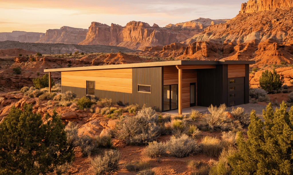 Modern desert landscape tiny home with sleek design and natural wood exterior in a rugged canyon set.