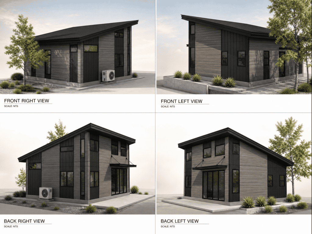 Modern Zip Kit Homes with sleek black exterior and large windows for stylish living.