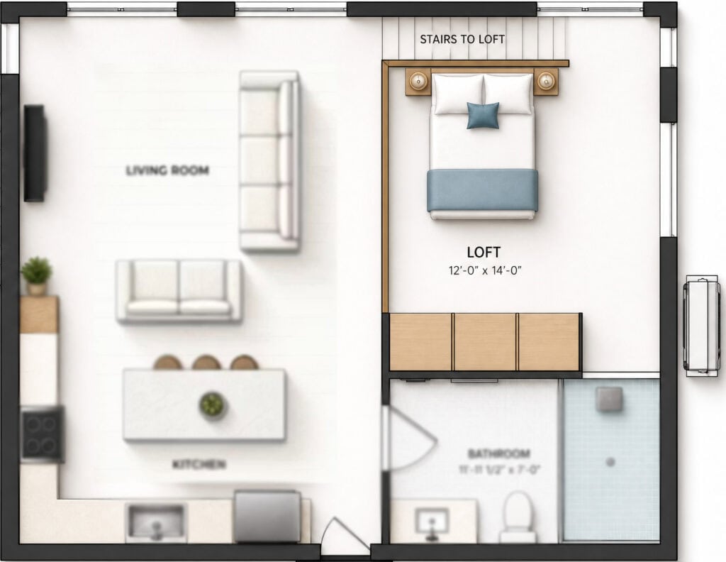 Compact tiny home with loft, living room, kitchen, bathroom, and stairs to the loft.