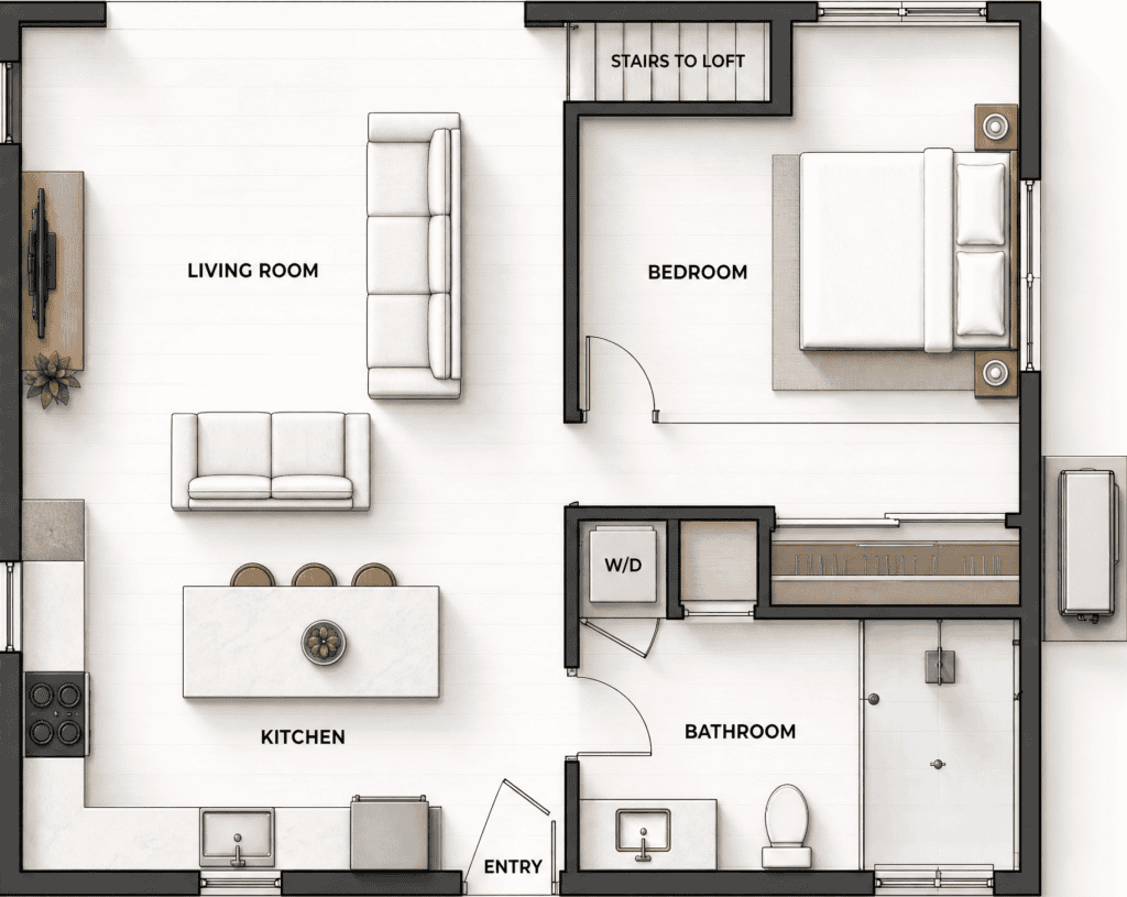Modern tiny home floor plan with living room, bedroom, kitchen, and bathroom.