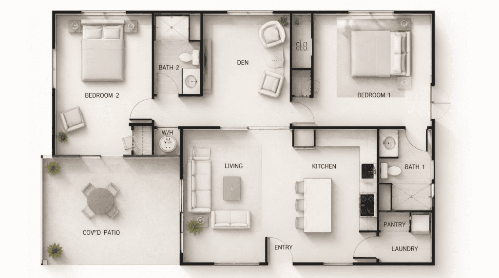 Modern Zip Kit Home interior floor plan with two bedrooms, living area, kitchen, and outdoor patio.