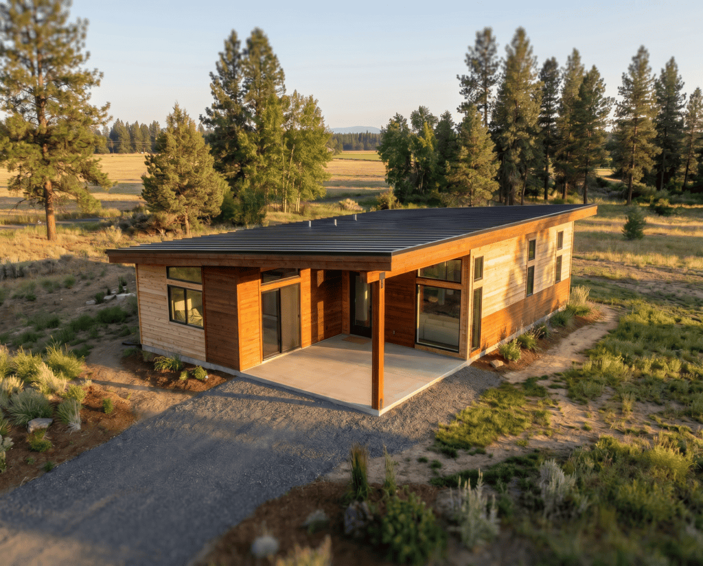 Modern Zip Kit Home with wooden exterior and spacious porch in natural landscape.