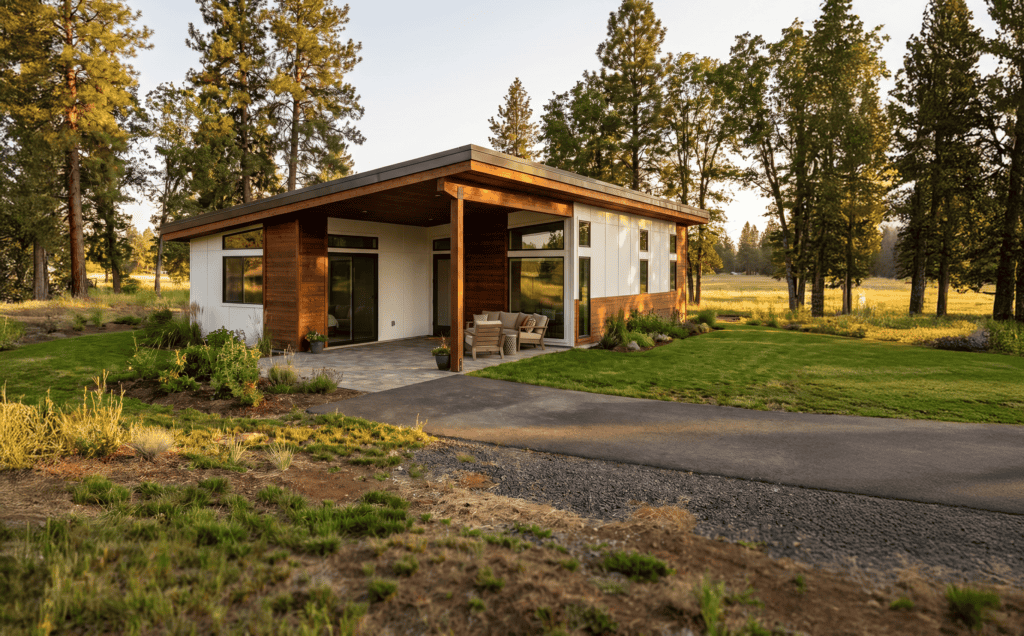 Modern Zip Kit Home with spacious porch and natural surroundings, energy-efficient design.