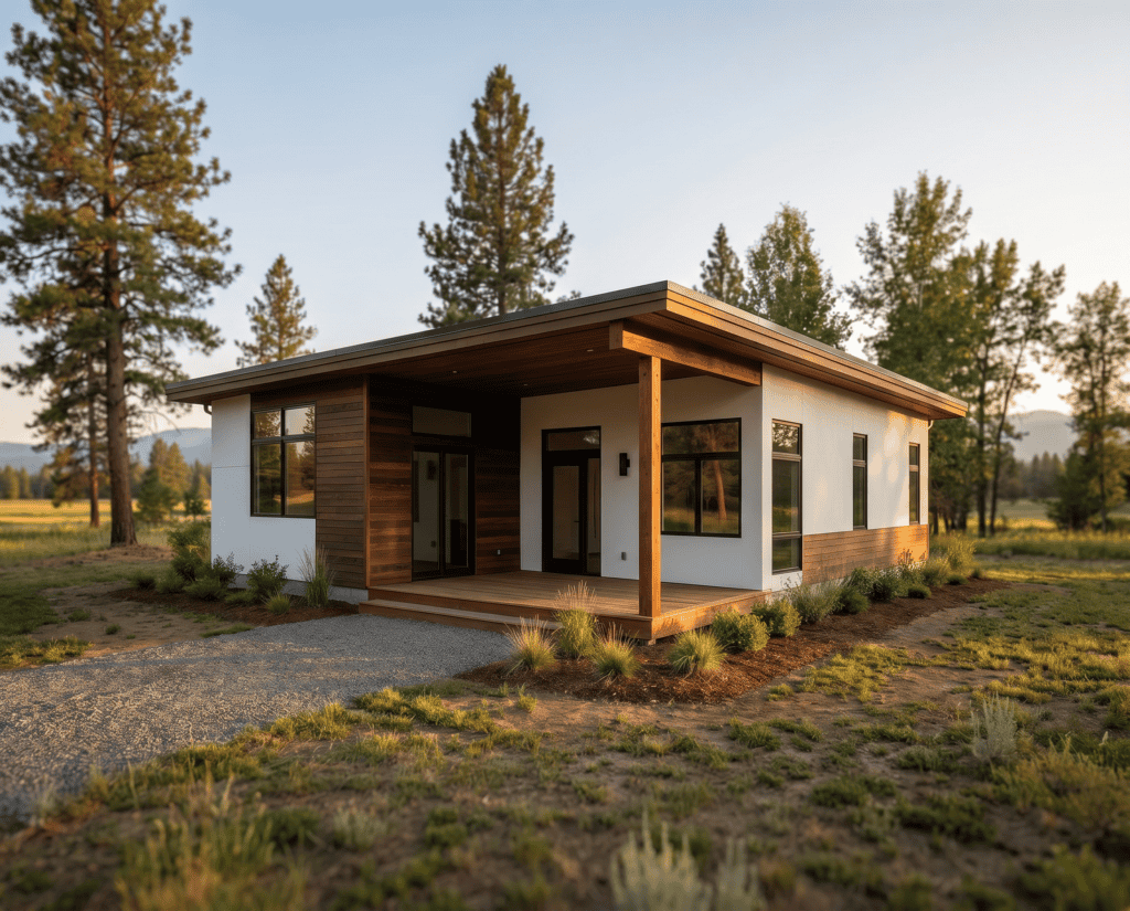 Modern prefab tiny home with wood accents and large windows in a natural setting.