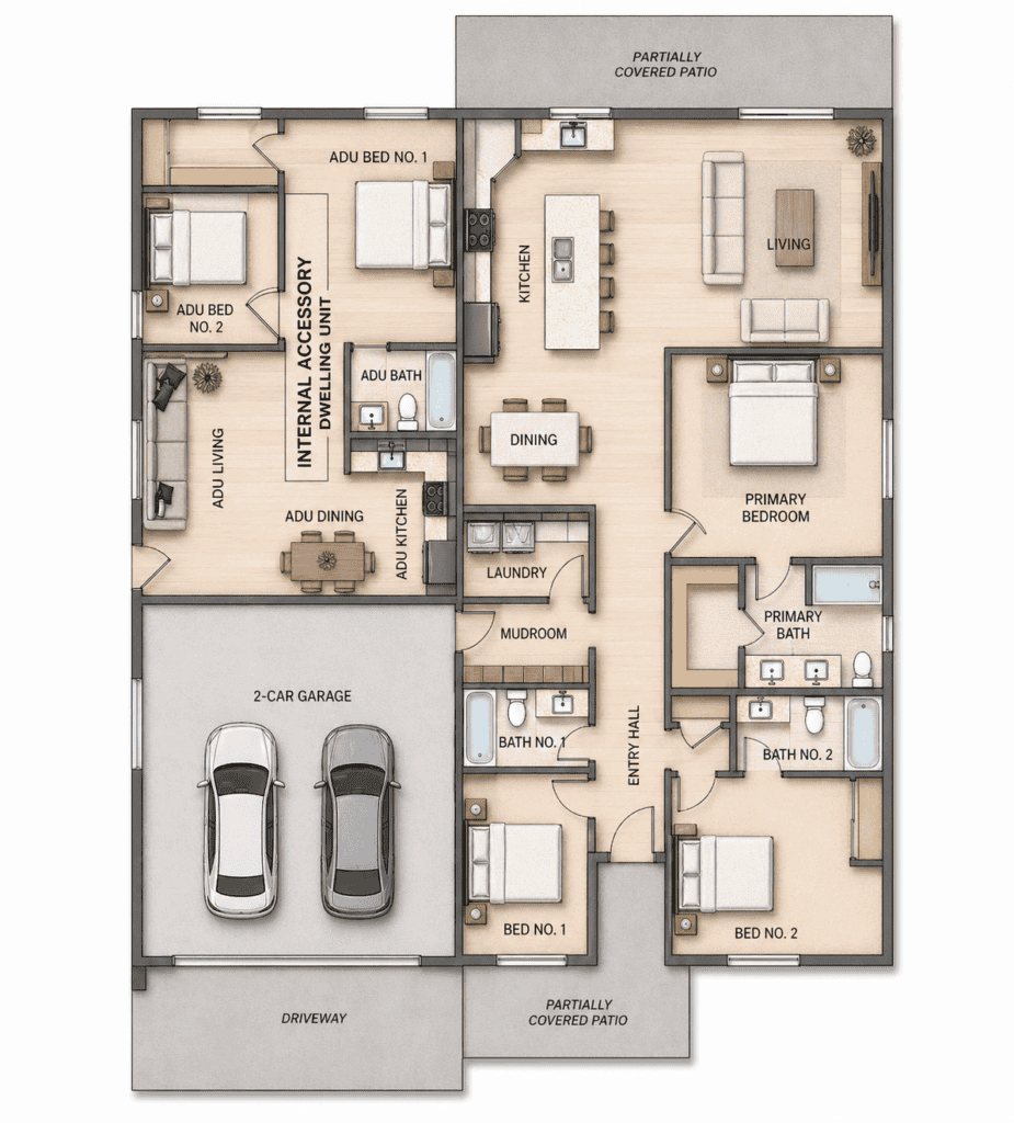 Modern tiny home floor plan with 3 bedrooms, 2 bathrooms, and garage.