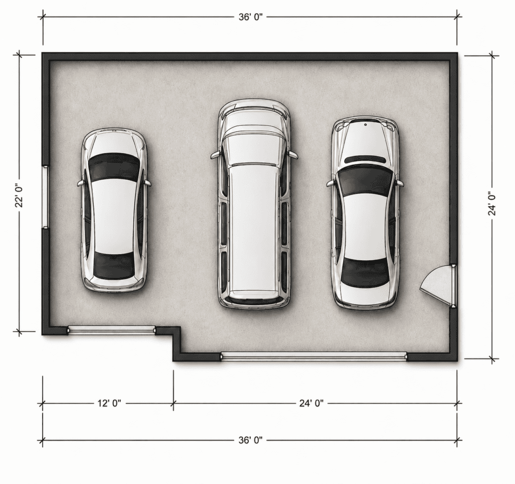 Garage floor plan with space for three cars and dimensions 36x24 feet.