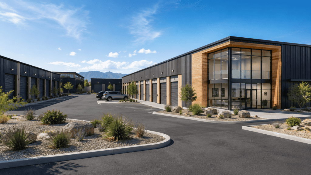 Contemporary commercial steel building with glass facade and landscaped parking lot.
