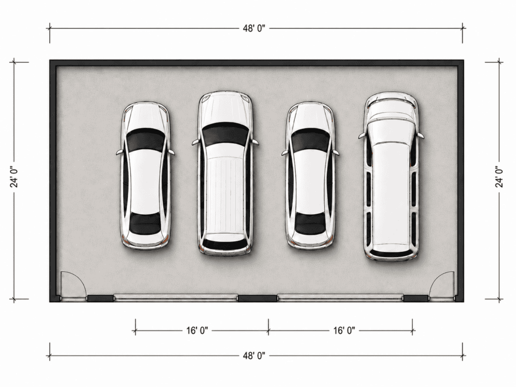Garage layout with four parking spaces for Zip Kit Homes, 48x24 feet.