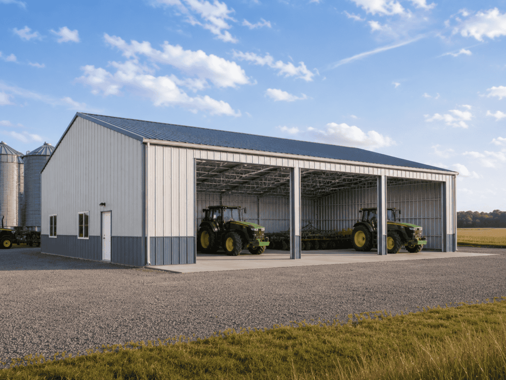 Modern aircraft hangar with open door and small plane inside, scenic mountain background.