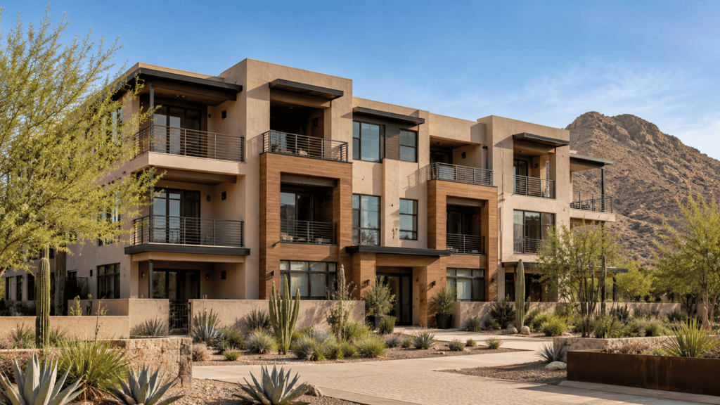 Contemporary desert apartment building with multiple balconies and mountain views.