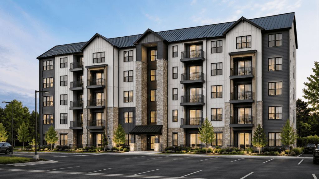 Contemporary apartment complex with black and white siding, multiple balconies, and landscaped surro.