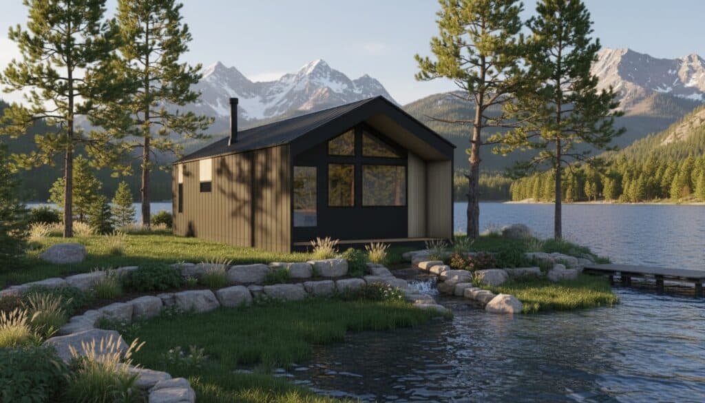 Contemporary Zip Kit home on lakeside with mountains in background.