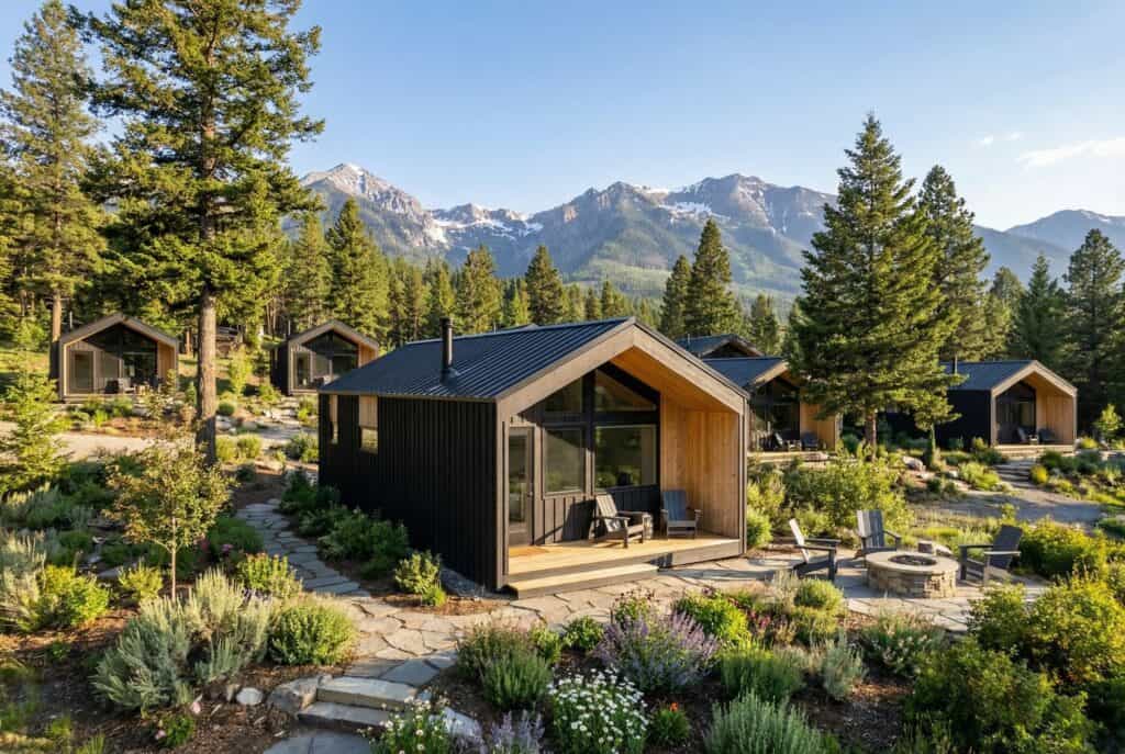 Contemporary Zip Kit Home with mountain views and lush landscape.