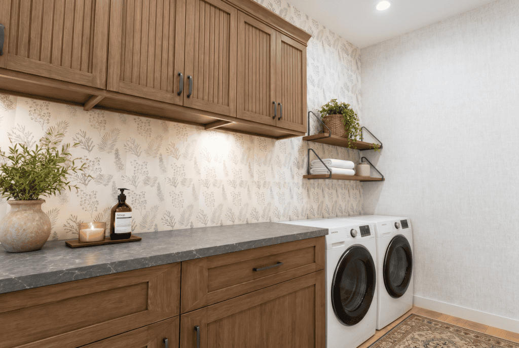 Laundry room with wooden cabinets, washer, and shelves for storage.