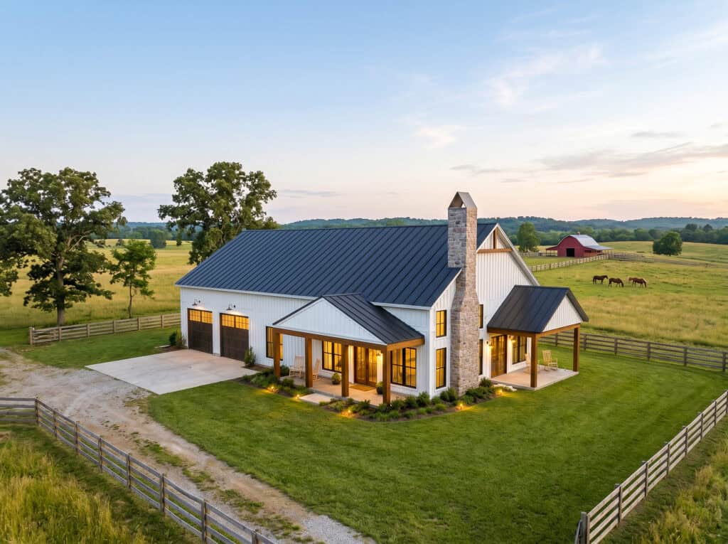 Beautiful modern farmhouse Zip Kit Home with metal roof and large porch.