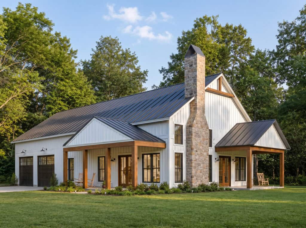 Contemporary Zip Kit home with metal roof and large windows in a green setting.