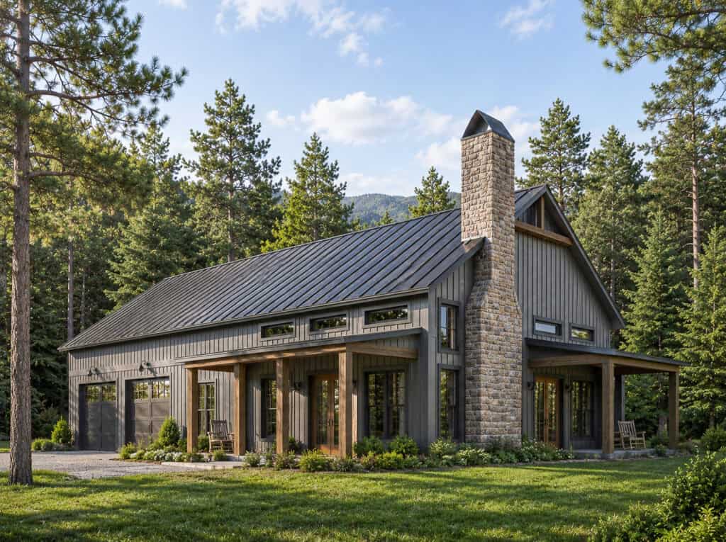 Contemporary black metal cabin with large windows and stone chimney in forest setting.