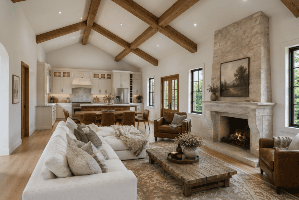 Ivin Barndominium Home Kit by Zip Kit Homes. Open concept living, dining, and kitchen area.