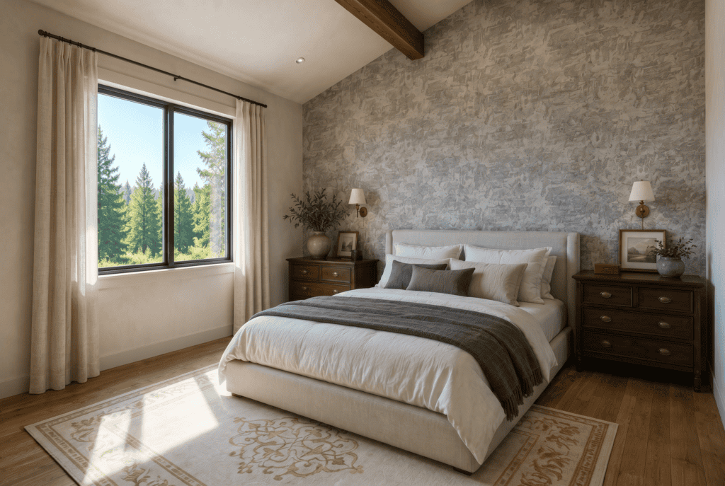Bright bedroom with large window, cozy bed, and wooden furniture.