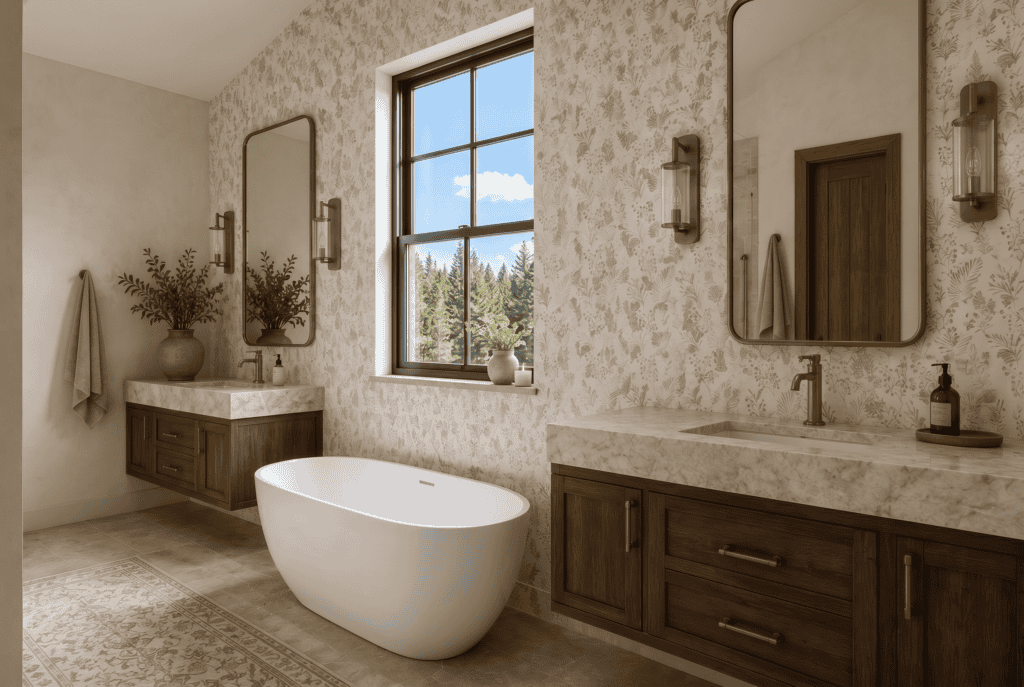 Elegant bathroom with freestanding tub, double vanities, and large window.