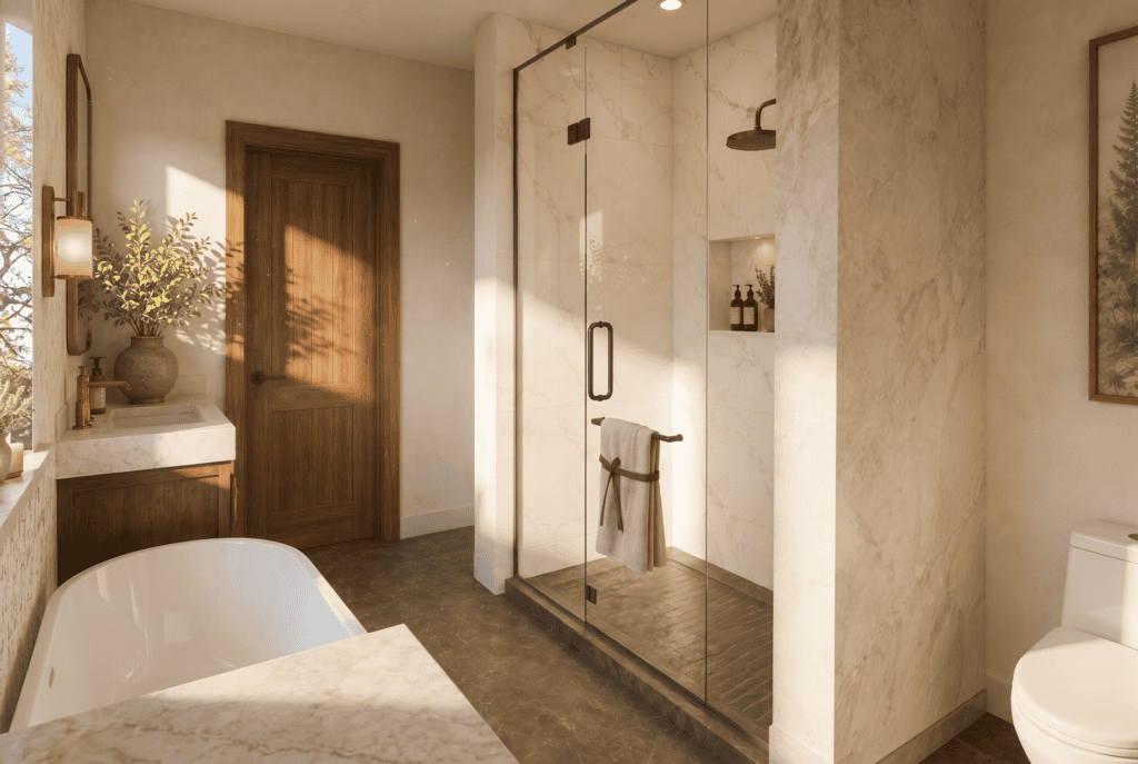 Elegant bathroom with glass shower, bathtub, and natural lighting.
