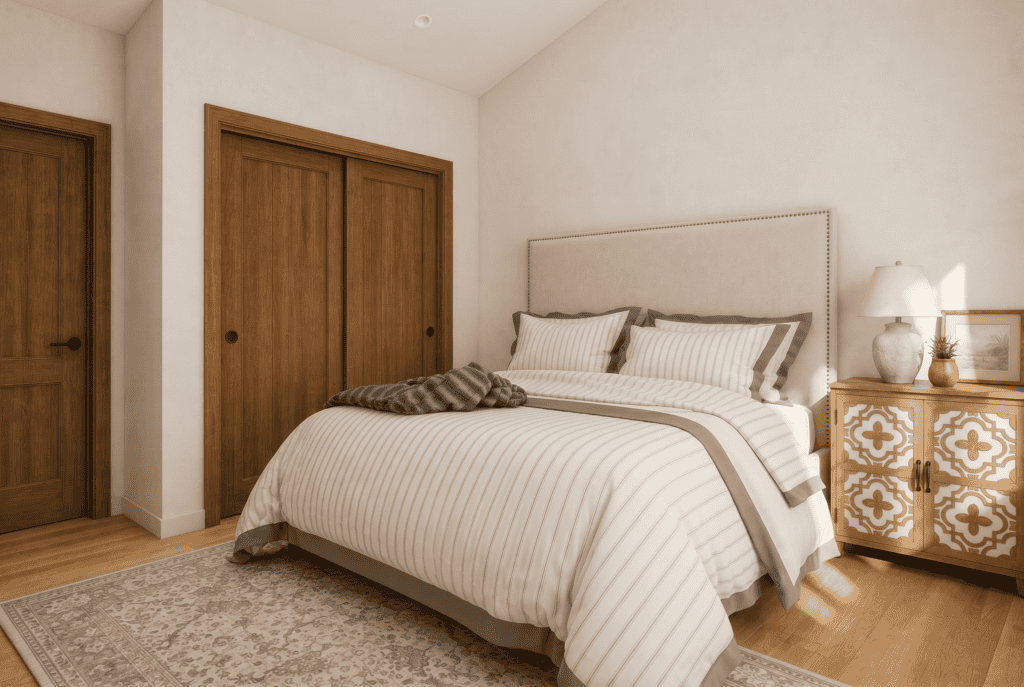 Cozy bedroom with a large bed, wooden closet, and elegant decor.