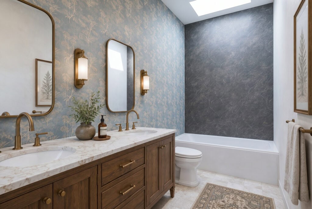 Elegant bathroom with double vanity, marble countertop, and bathtub under skylight.