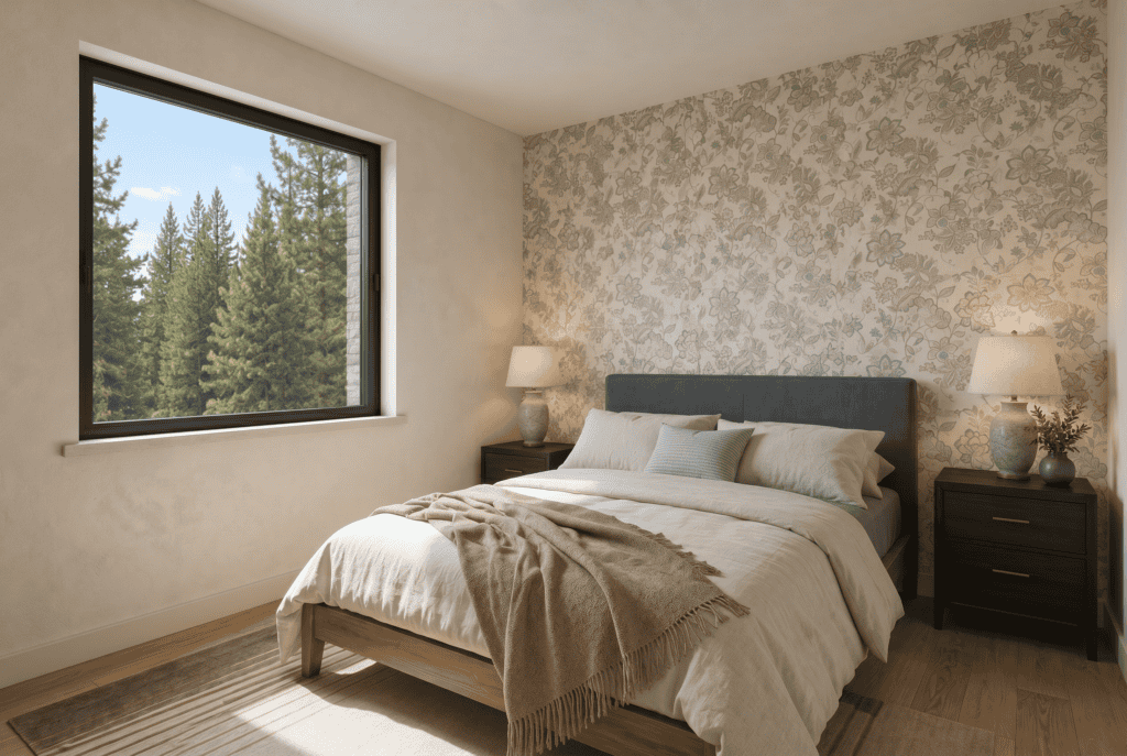 Bright bedroom with large window overlooking forest landscape.