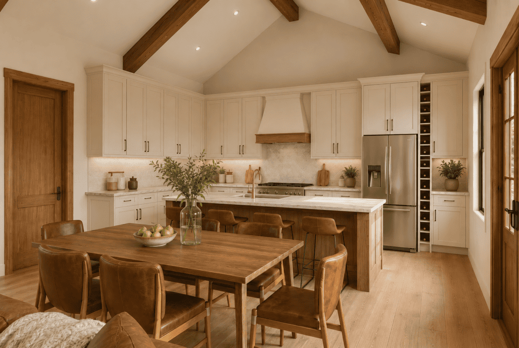 Modern kitchen with white cabinets, wooden beams, and a central island.