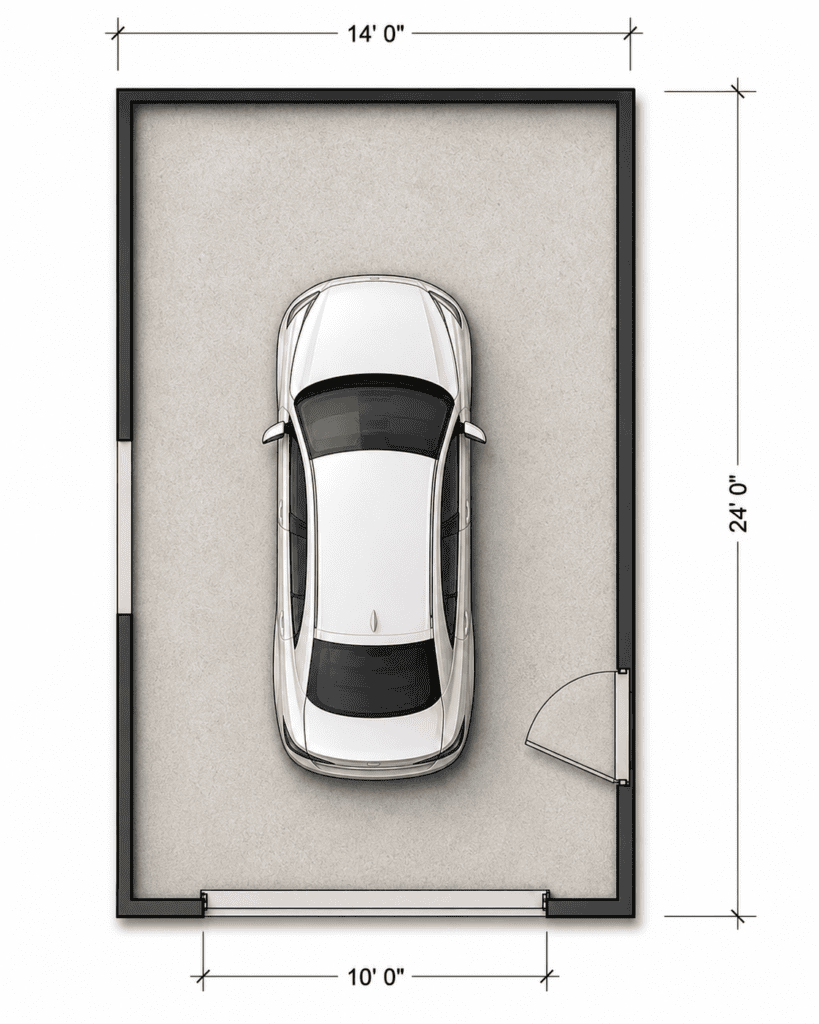 Single-car mountain modern garage with 14x24 ft dimensions and concrete floor.