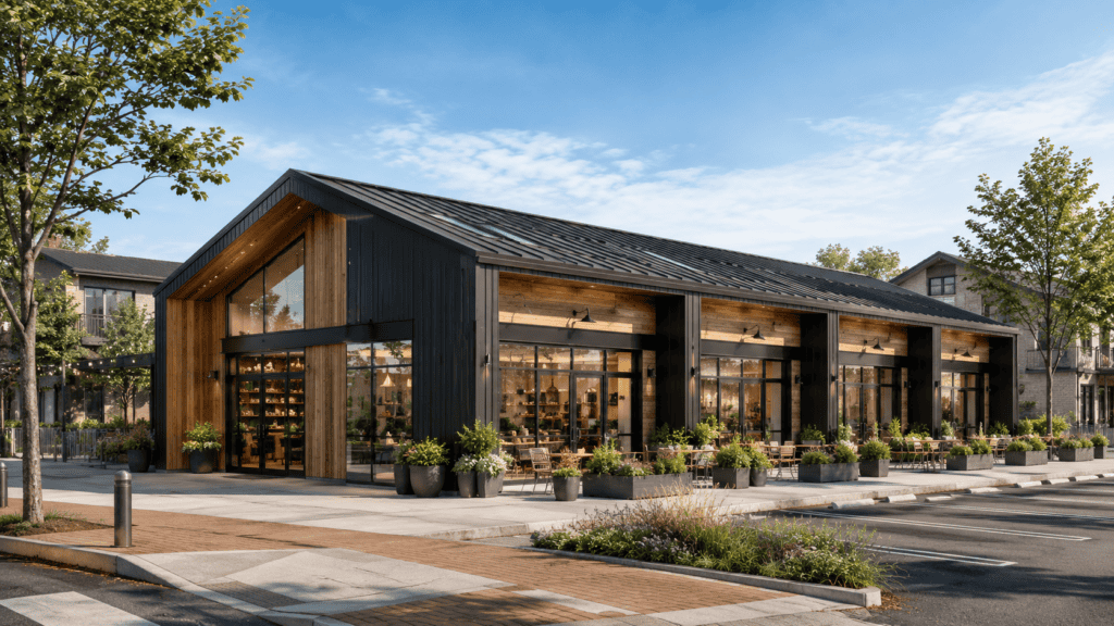 Zip Kit Homes modern prefab building with large glass windows and wooden accents.