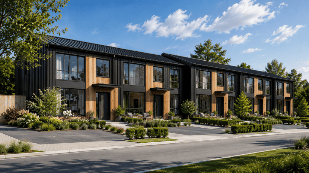Contemporary Zip Kit Homes featuring black siding and wooden entryways.