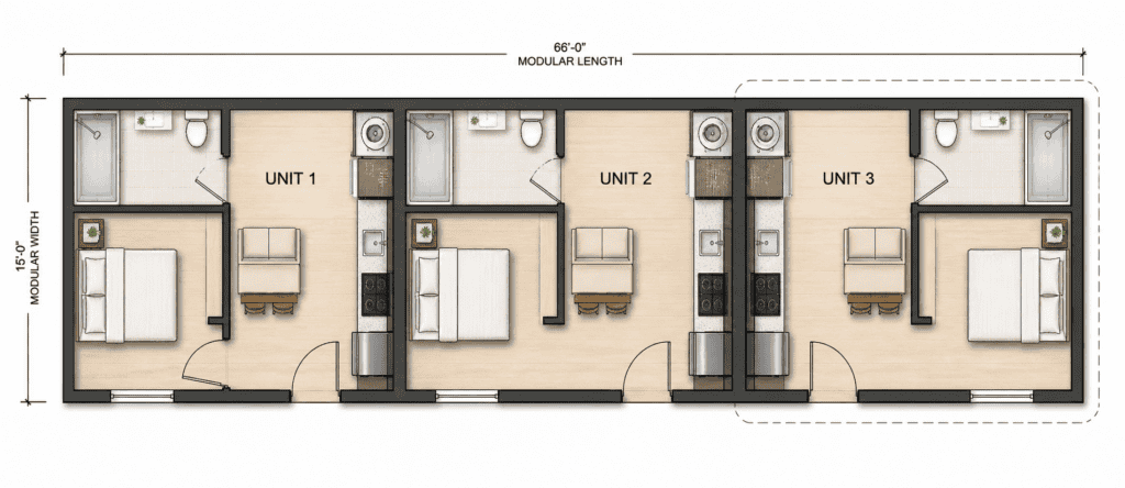 Modular tiny homes floor plan with three units, compact and efficient design.