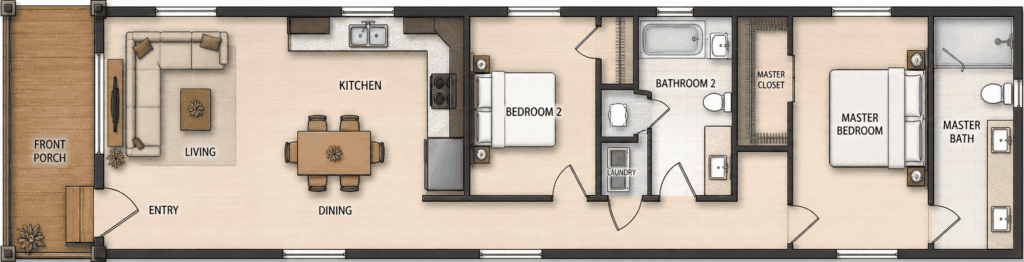 Floor plan of a modern Zip Kit home with 2 bedrooms and 2 bathrooms.