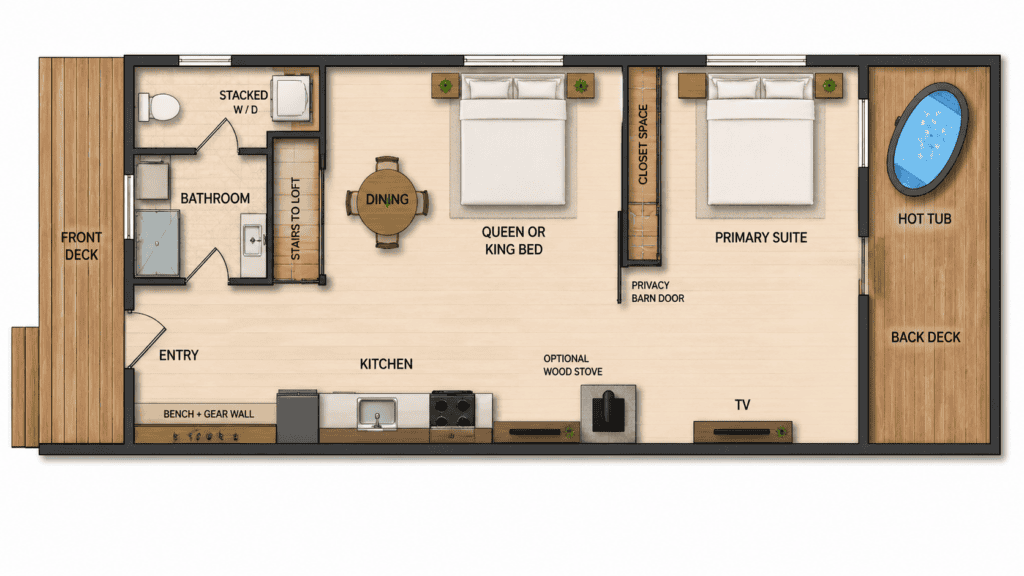 Loft above bathroom in Sierra tiny home with two beds and stairs.
