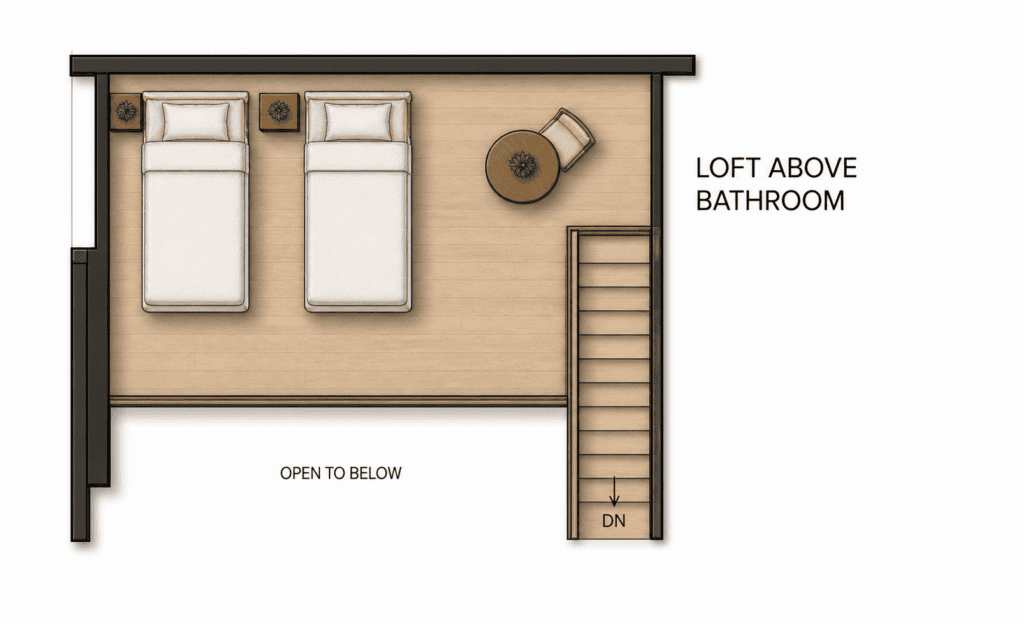 Loft above bathroom in Sierra tiny home with two beds and stairs.