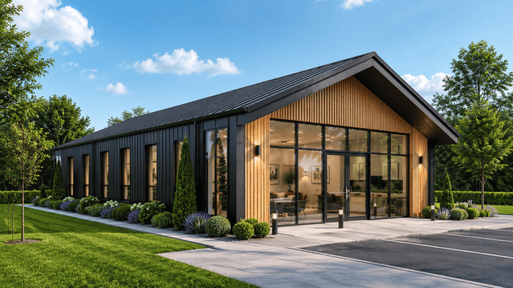 Contemporary steel building with large glass windows and wooden accents.