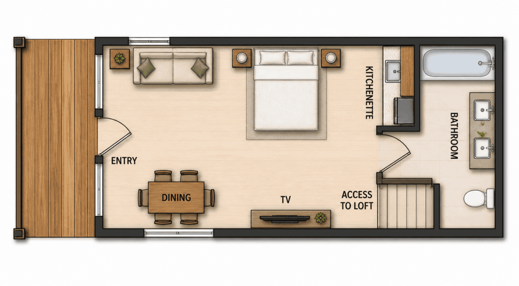 Compact Teton tiny home floor plan with living, kitchen, bathroom, and loft access.