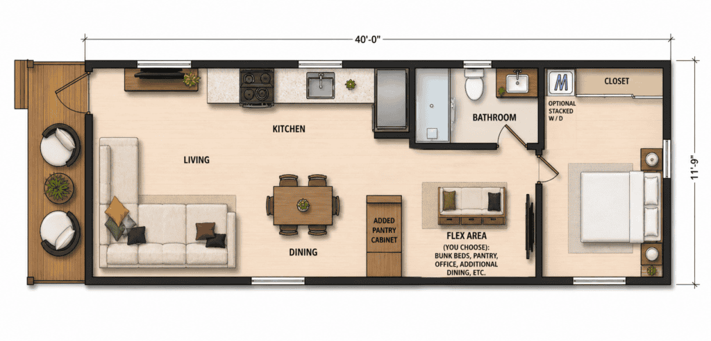 XL 470 tiny home floor plan with living, kitchen, bedroom, and bathroom areas.