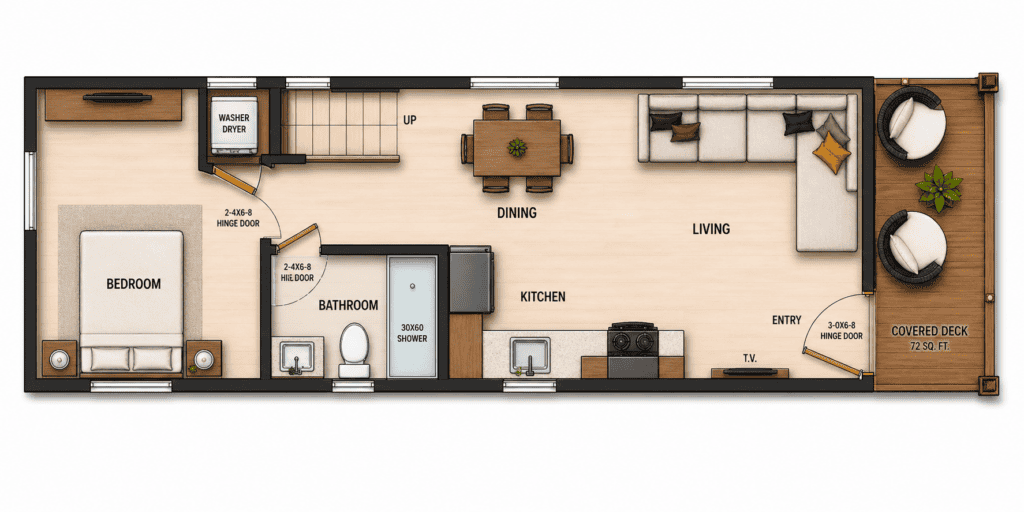 Flexible interior options for Zip Kit Homes XL 470 with bunk beds, workspace, and laundry area.